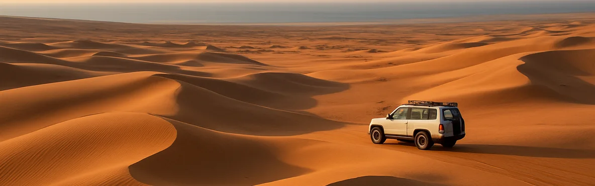 Generated image: desert dunes, a distant four-wheel-drive vehicle, and a coastal horizon capture Kuwait’s outdoor landscapes.